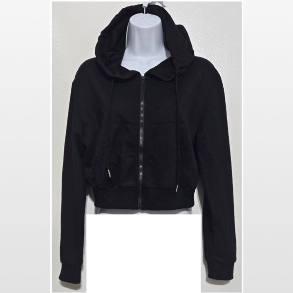 Shein Top Women Cropped Black Long Sleeve Hoodie Full Zip Large
